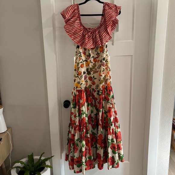 Maeve Anthropologie Off-the-Shoulder Mixed Print Midi Dress Floral Small Cotton - Picture 2 of 7